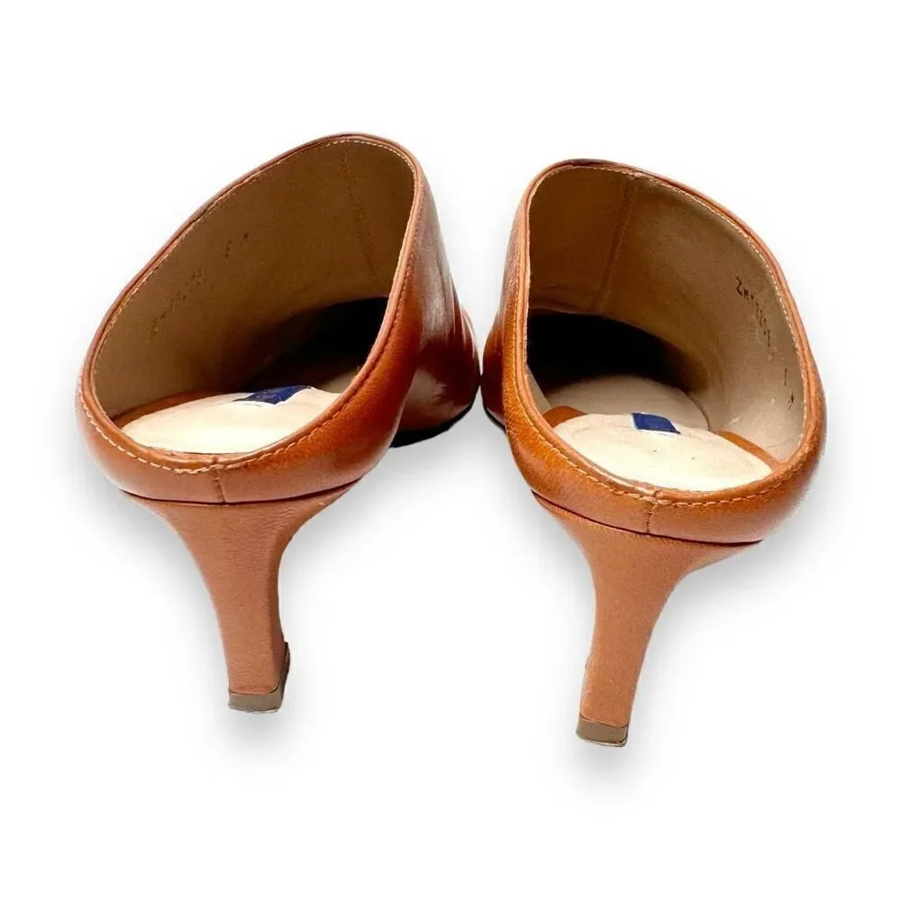 Stuart Weitzman Women's Leather Heeled Mira Mules in Dark Bridle Brown Size 6
